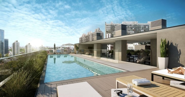 Render la pileta de More Echevarriarza en día soleado, proyecto arquitectónico de Gómez Platero