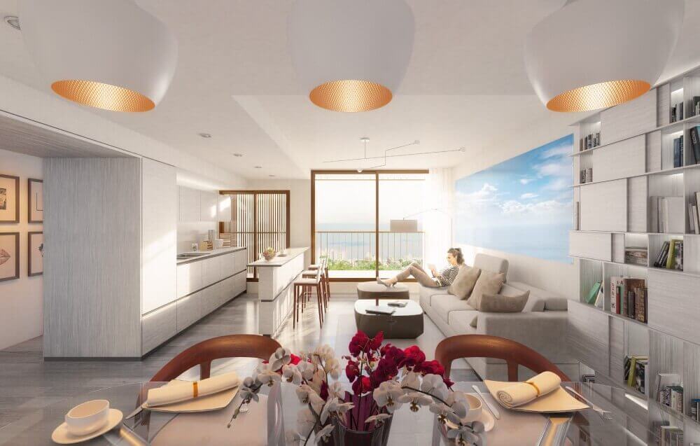 Interior de un apartamento luminoso con gran ventanal y vista en Distrito M de desarrollo inmobiliario Compass