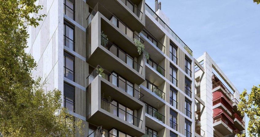 Fachada edificio Dómini Rivera y Salterain con balcones y ventanales del estudio de arquitectos Pablo Szames